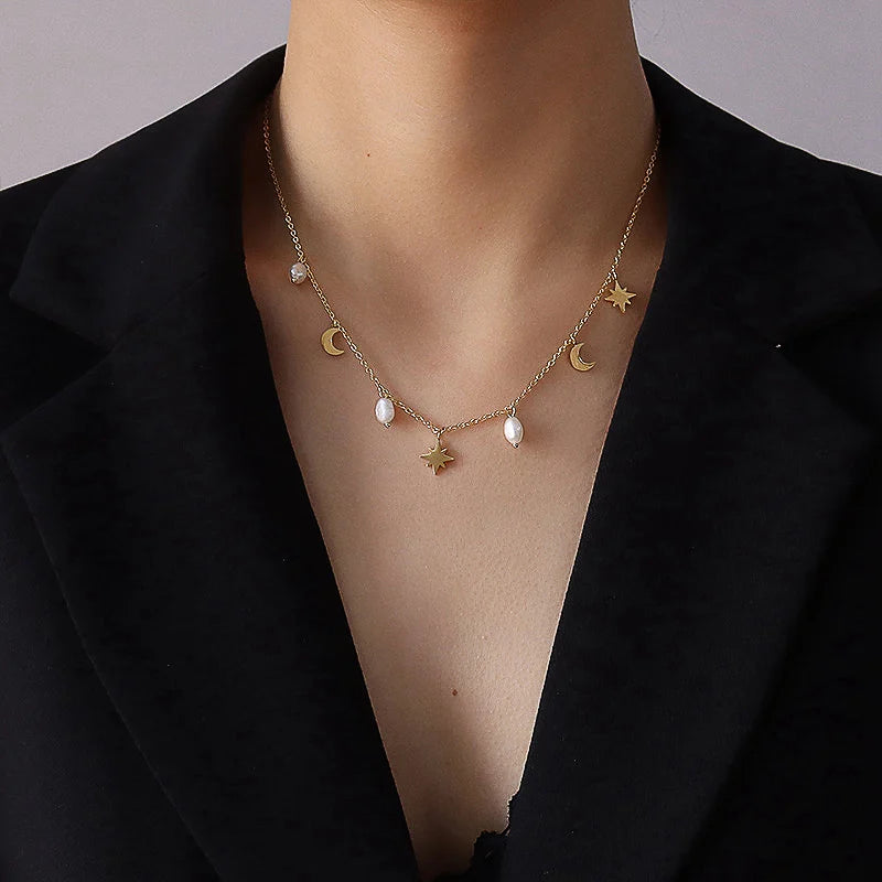 Titanium With 18K Gold Star Moon Real Pearl Charms Necklace Runway T Show Party Designer Gown Top Ins  Japan Korean Trendy