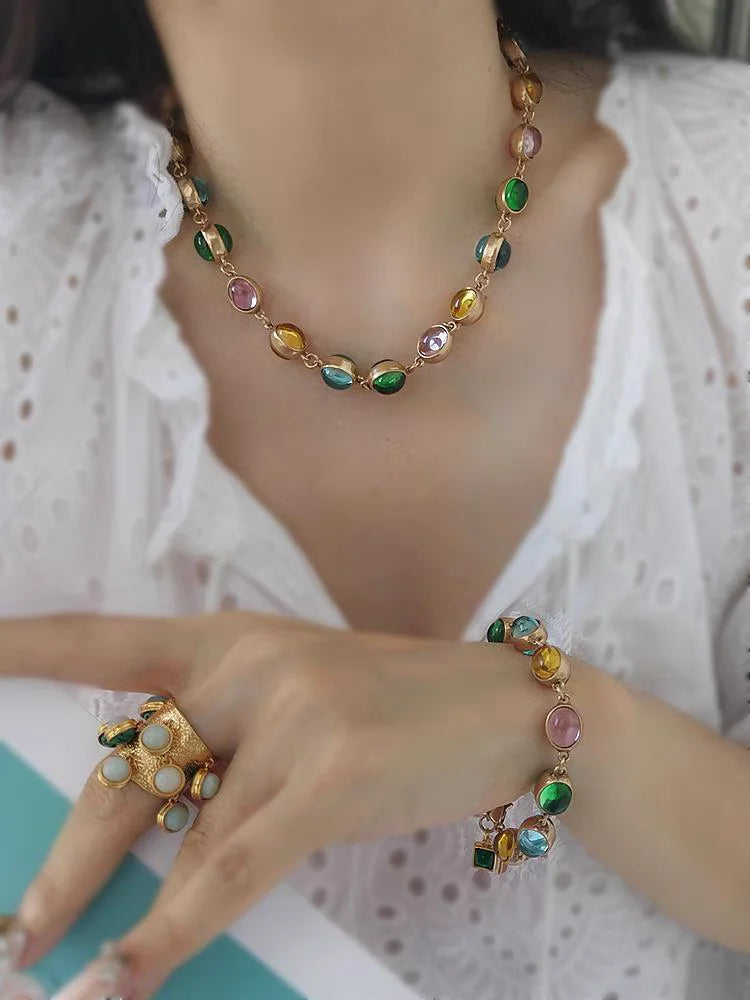 Brass With 18K Colorful Glass Beads Choker Necklace Women  Jewelry Designer T Show Runway Gown  Rare Glam Japan Ins Glam Boho