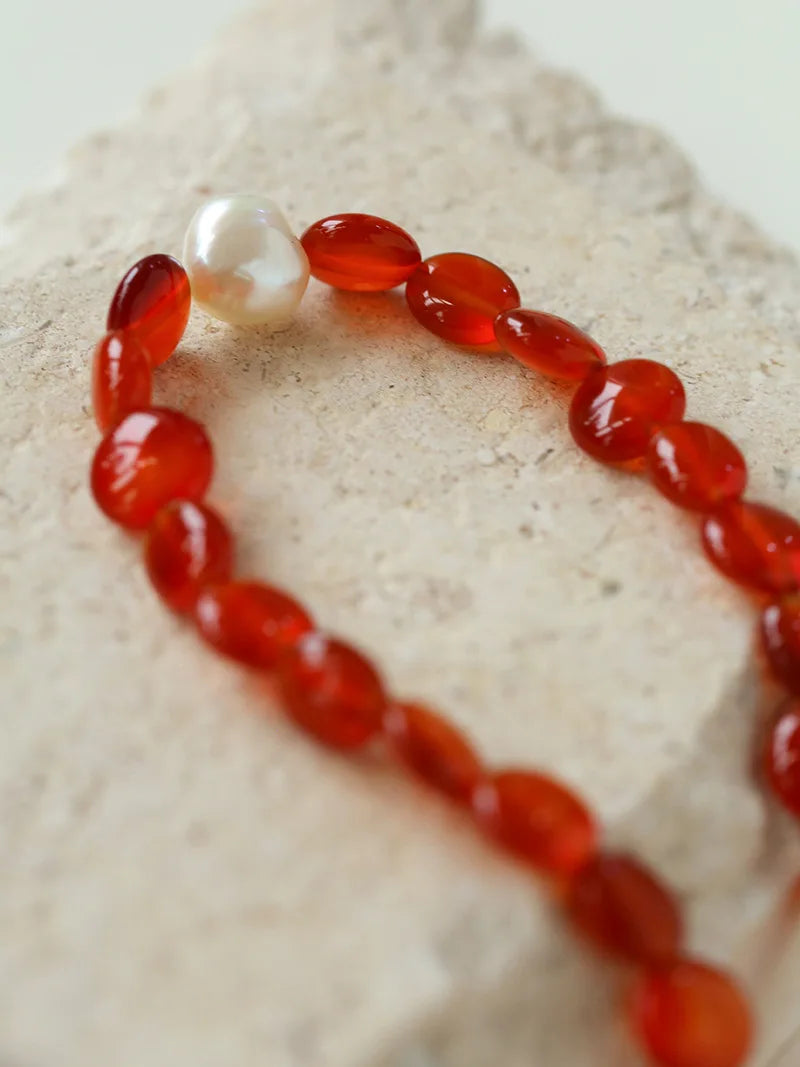 Brass  Natural Red Jade Freshwater Pearl Beads Necklace Women Jewelry Punk Designer Runway Rare Gown Boho Japan Korean