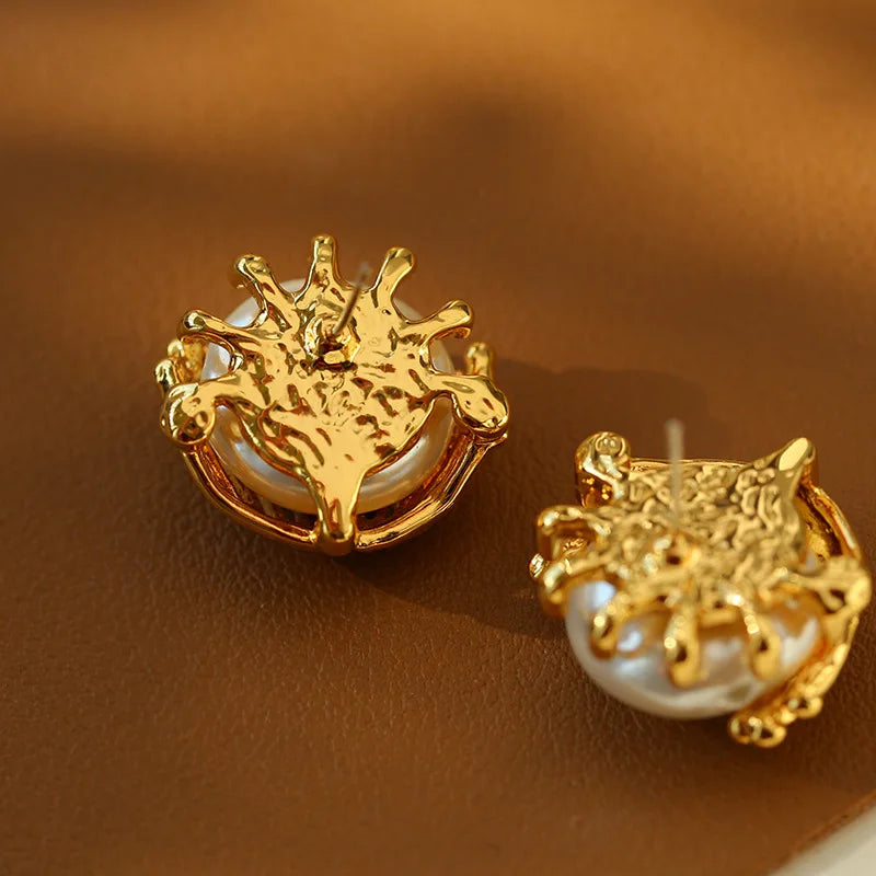 Brass With 18K Retro Faux Pearl Ball Earrings Women Jewelry Punk Party T Show Gown Runway Trendy  Korean Japan Israel  Style INS