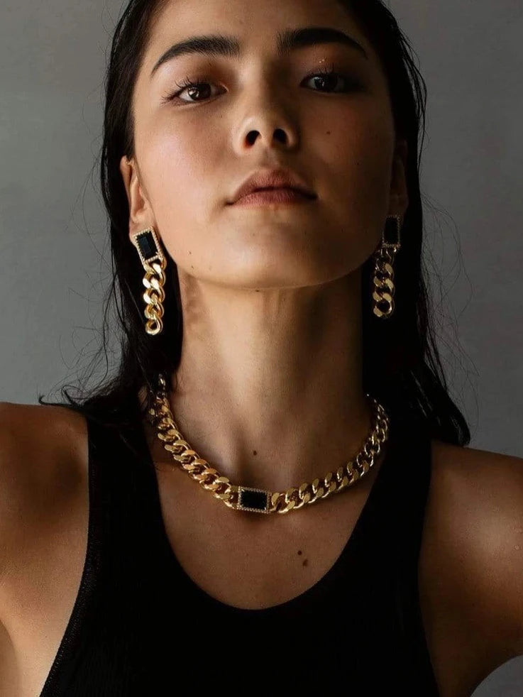 Brass With 18K Gold Zircon Black Jade Statement Necklace Women  Jewelry Runway Gown Hiphop Rare Glam Japan Korean Fashion