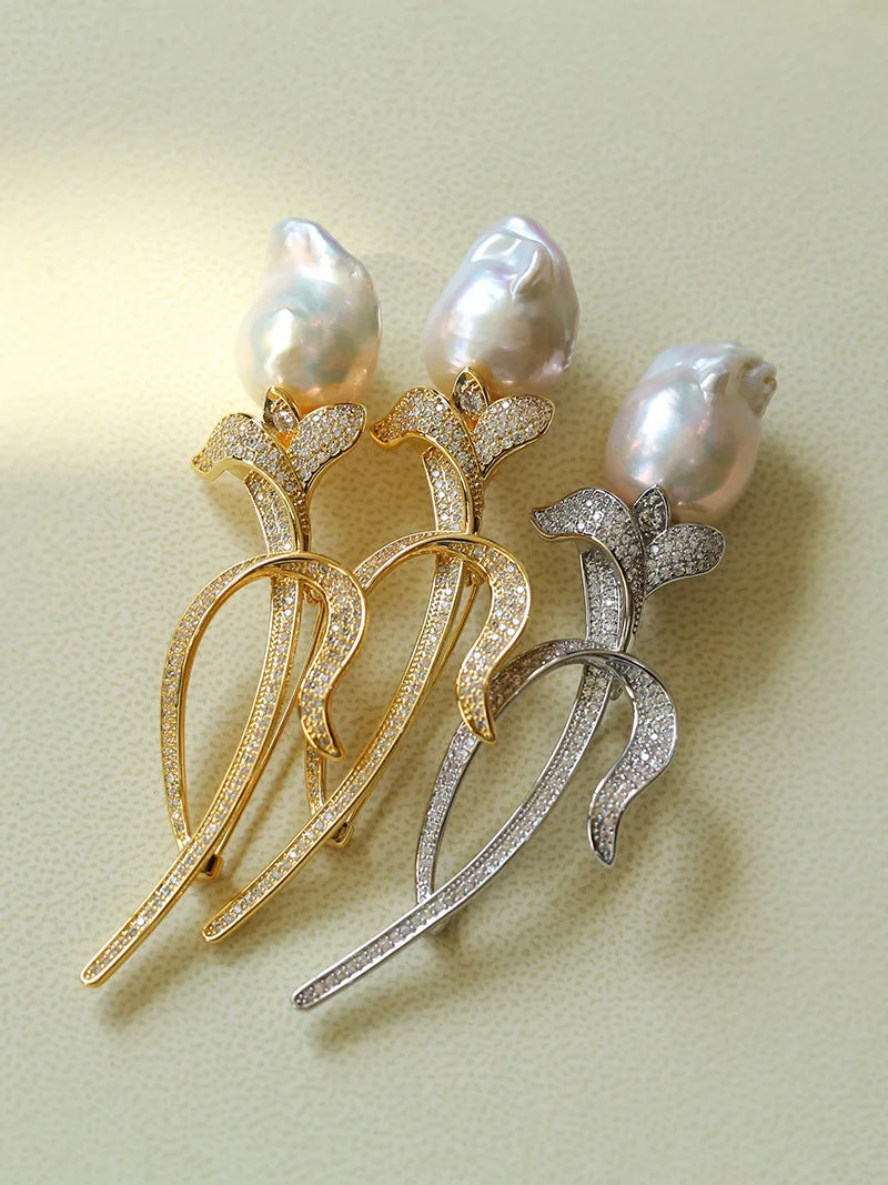 Brass With 18K AAA Zircon Real Baroque Pearl Brooches Women Jewelry Punk Party T Show Gown Runway Trendy  Korean Japan Israel