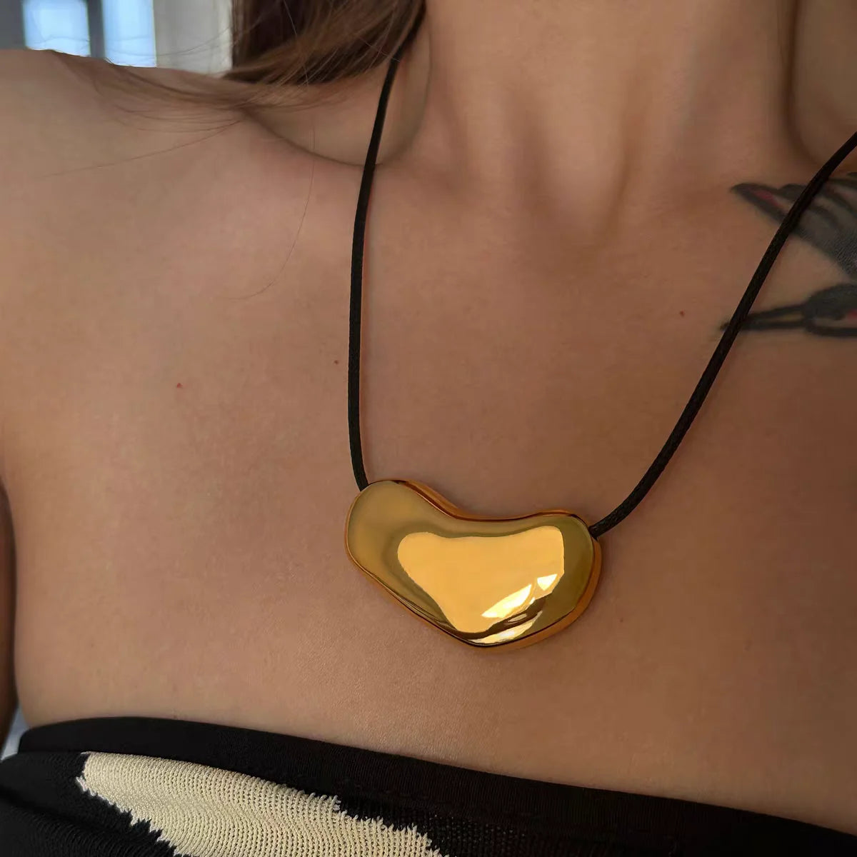 Brass Rope Chain Big Irregular Heart Pendant Necklace Women Jewelry Punk Designer Runway Rare Gown Boho Japan Korean