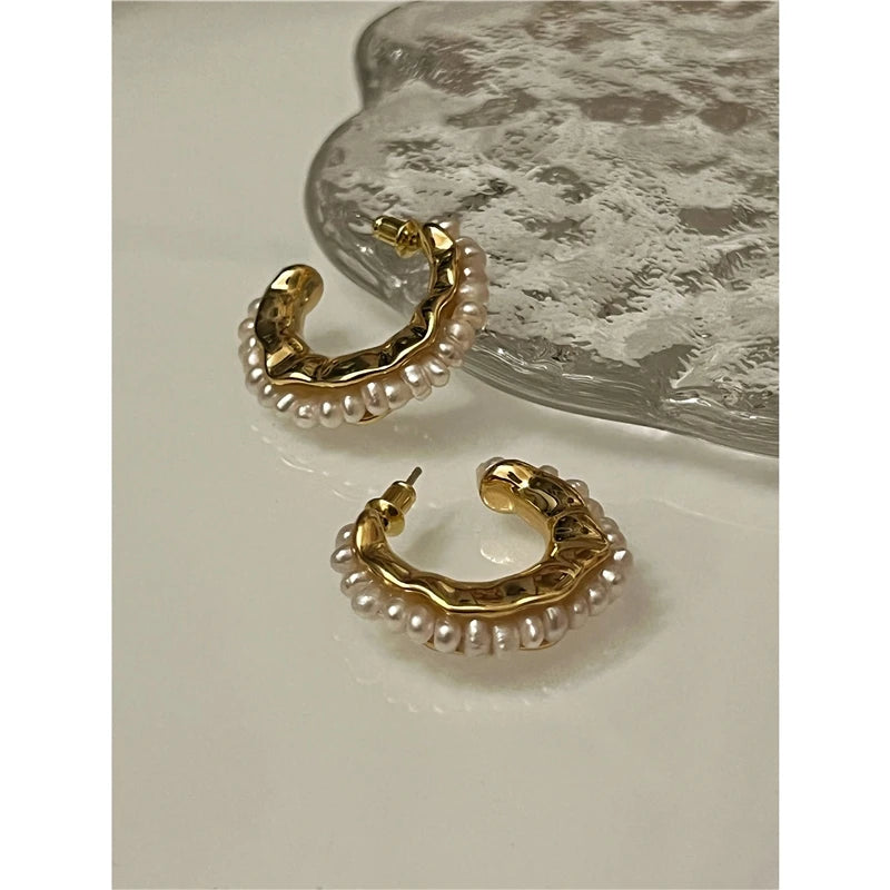 Brass With 18K Gold CC Real Natural Pearl Earrings Women Jewelry Party Boho T Show Gown Runway Party Rare Korean Japan Trendy
