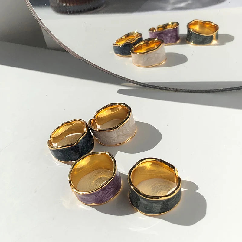 Brass With 18 K Gold Retro Enemal Rings Women Jewelry Punk T Show Designer Club Cocktail Party Japan Korea Fashion
