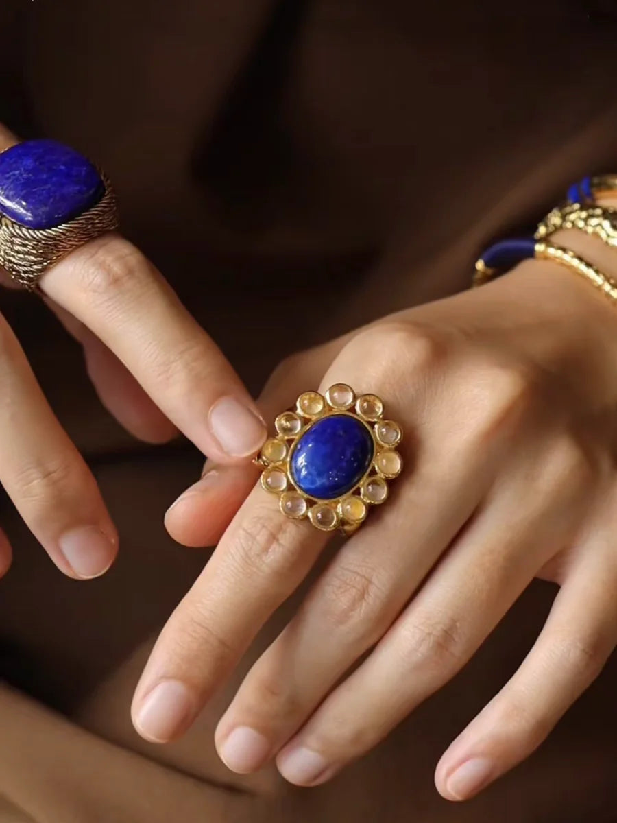 Brass Rhinestoned Natural Blue Stone Ring Punk Gothic Party Designer Club Cocktail Party Gown Amazing Gift Trendy Top Jewelry