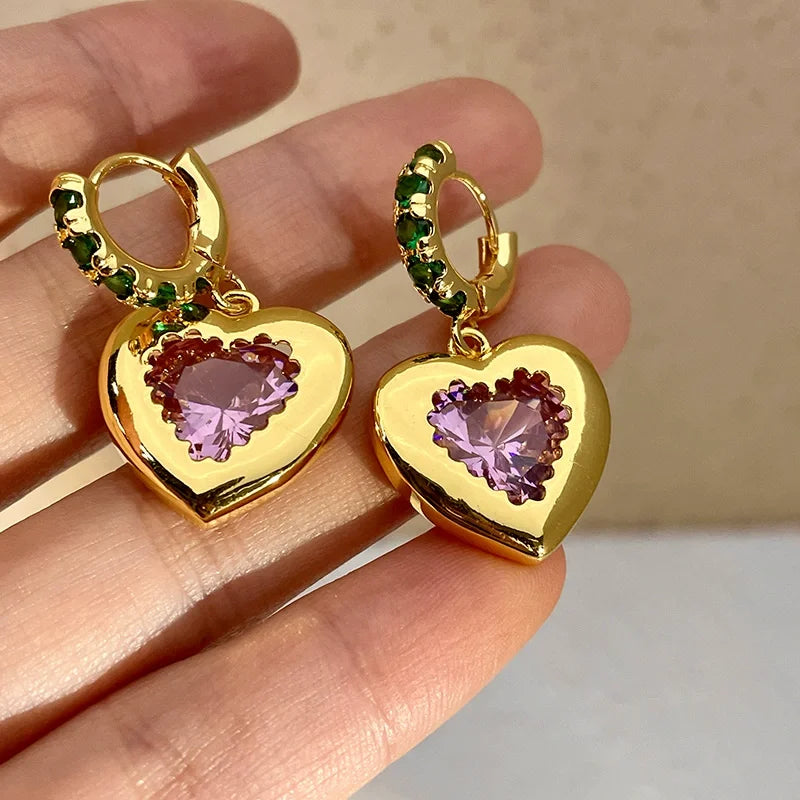 Brass Green Stone Pink Heart Earrings Women Jewelry Punk Party T Show Gown Runway Korean Japan INS