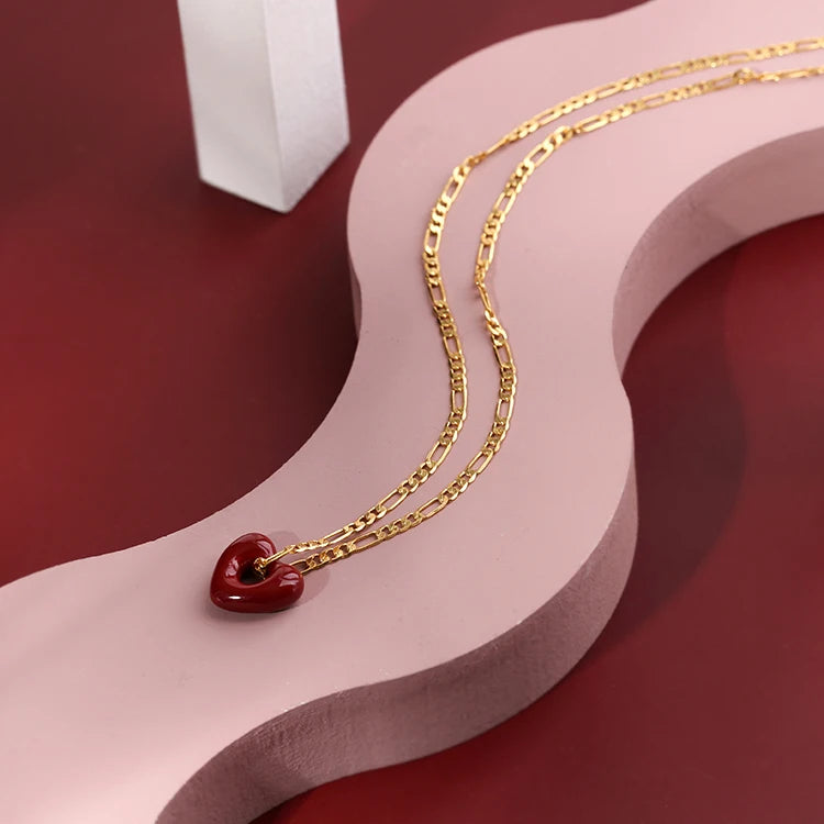 Brass Plated 18K Gold Geo Chained Heart Necklaces Women  Jewelry Punk Party T Show Designer Club Ins Rare Japan Korean Trendy