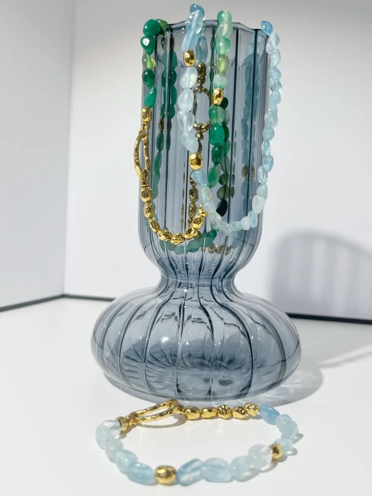 Natural Blue Green Jade Half Beads Choker Necklace Women Jewelry Punk Designer Runway Rare Gown Boho Japan Korean