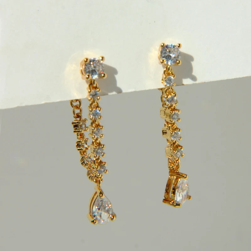 Brass With 18k Gold Zirconia Tassel Chained Drop Earrings Women Jewelry  Party T Show Gown Runway rare Korean Japan Trendy INS