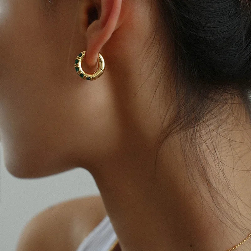 Brass With 18k Gold AAA Zircon Green Stone  Earrings Women Jewelry Party T Show Gown Runway rare Top Korean Japan Trendy INS