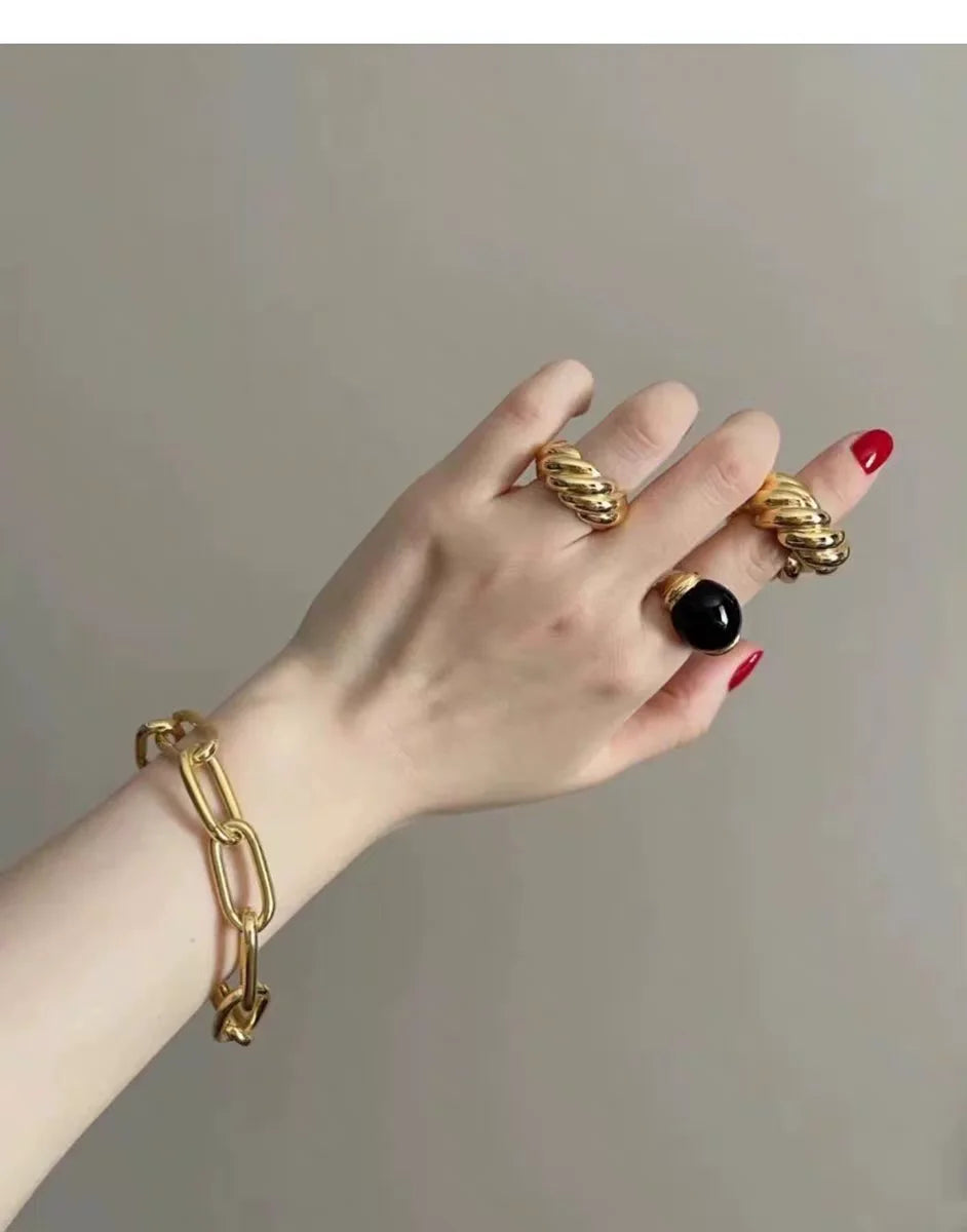 Brass Chunky Natural Stone Solid Rings Women  Jewelry Punk Designer Club Cocktail  Party Boho Japan Korean