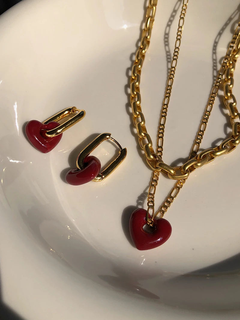 Brass Plated 18K Gold Geo Chained Heart Necklaces Women  Jewelry Punk Party T Show Designer Club Ins Rare Japan Korean Trendy