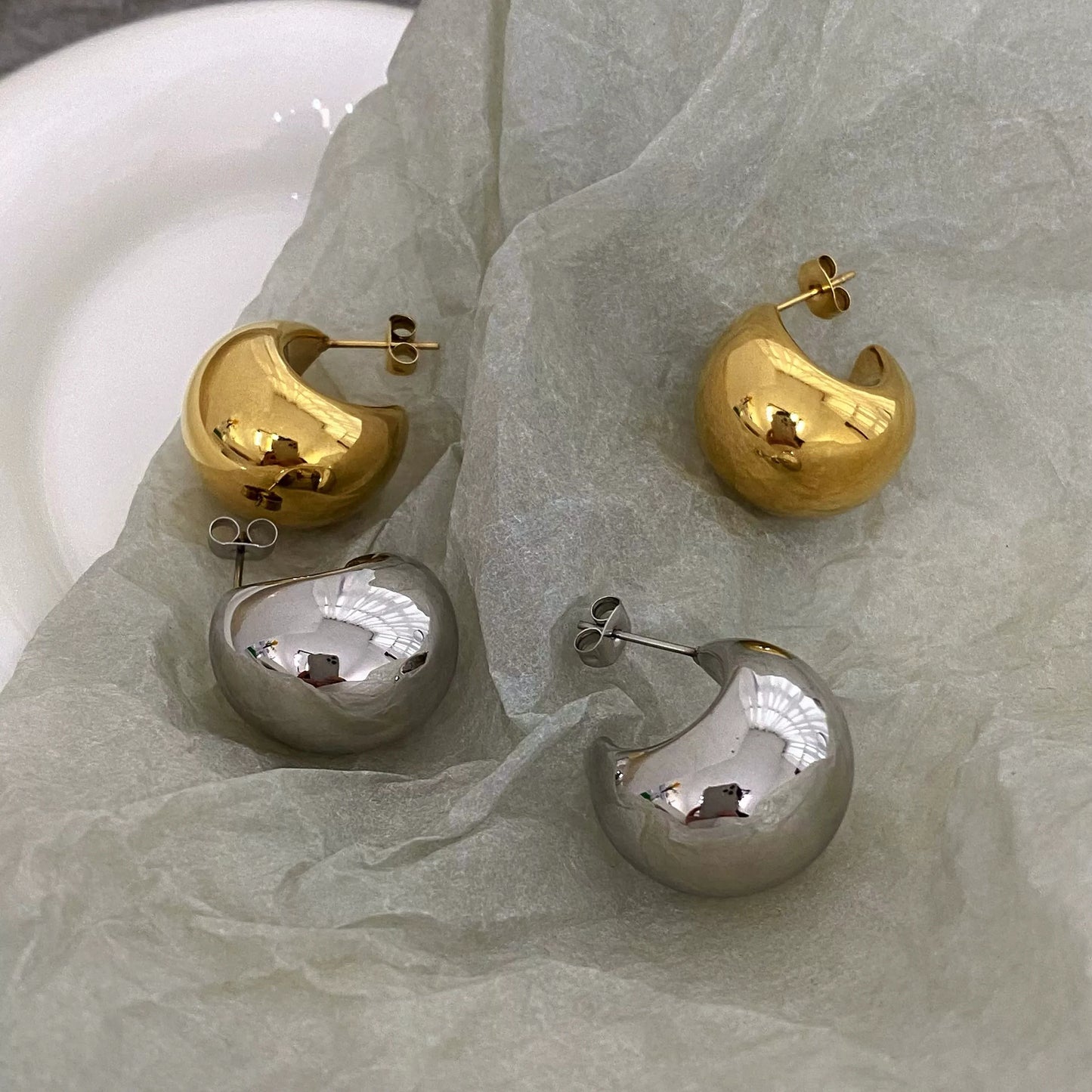 Brass With 18K Gold  Half Ball Stud Earrings Women Jewelry Party Boho T Show Gown Runway Rare Korean Japan Trendy