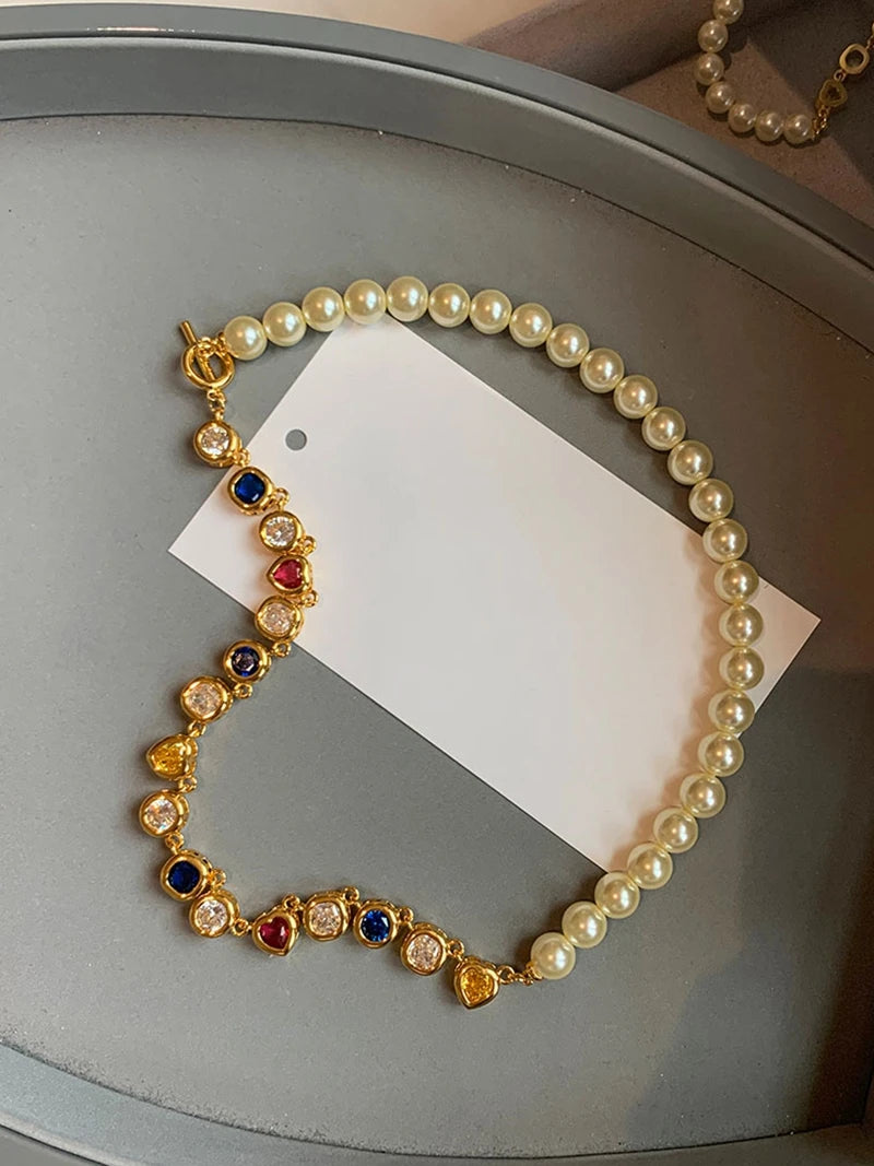 Brass With 18K Gold Half Color Beads Half Faux Pearl Necklace Women Jewelry Punk Designer Runway Rare Gown Boho Japan Korean