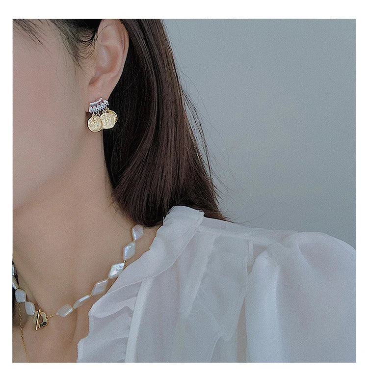 Brass With 18k Gold AAA Zircon Coins Statement Drop Earrings Women Jewelry Party T Show Gown Runway rare Korean Japan Trendy
