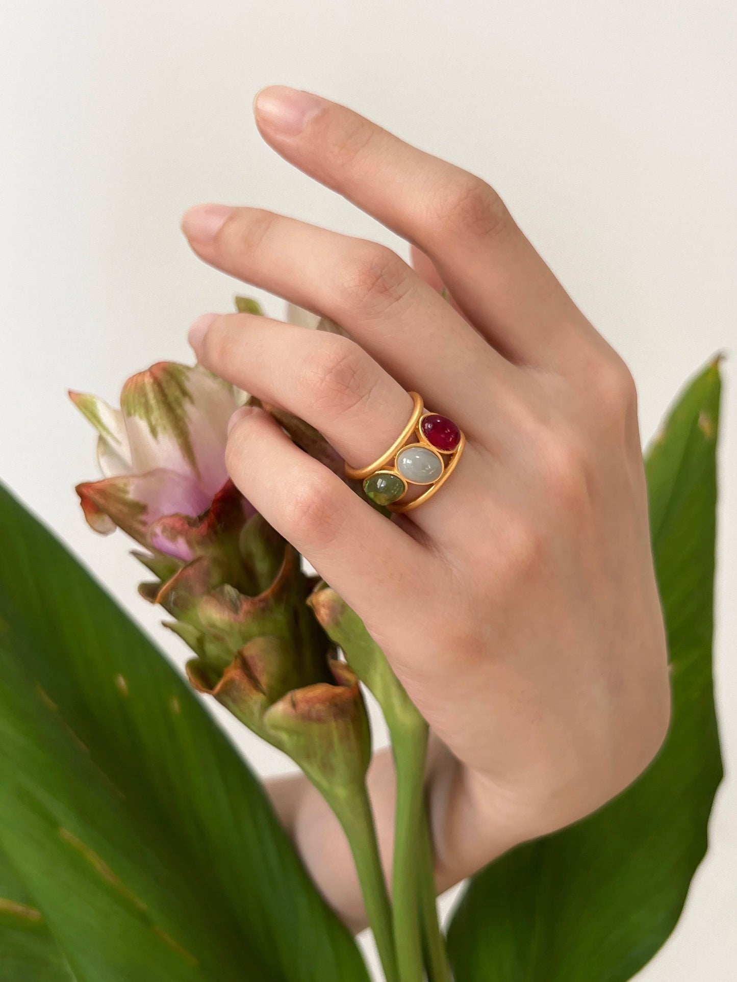 Brass Solid Colorful Stone  Rings Women Jewelry Punk Boho Party Designer Club Cocktail Party Ins Rare Japan South Korean Trendy