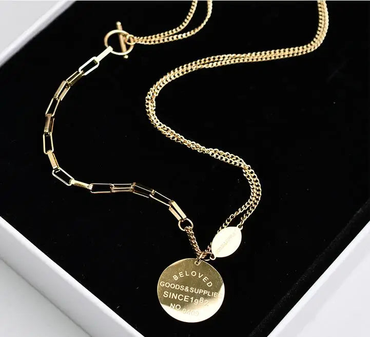 Titanium With 18K Gold Layered Chain BELOVED Neckalce  Japan Korean Style Party Designer T Show Runway Gown Jewelry Rare INS