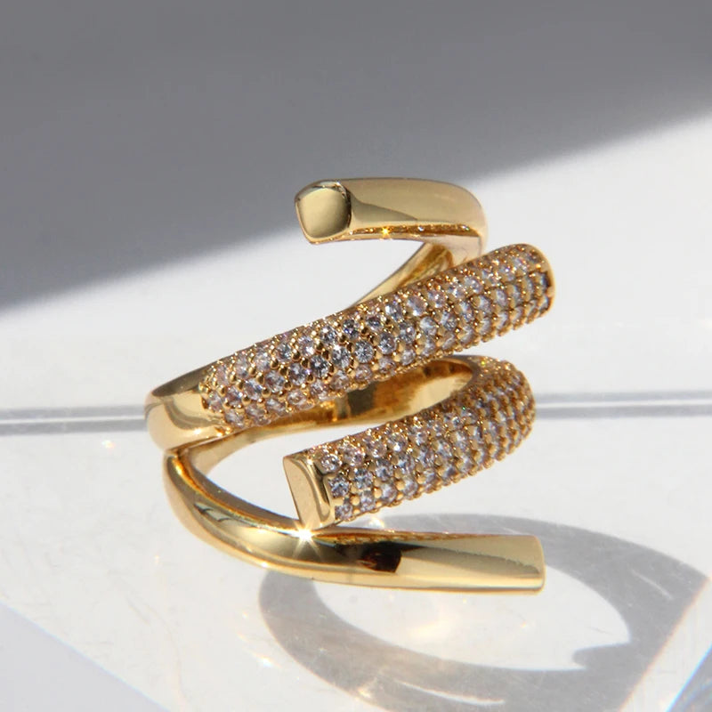 Brass Stunning  AAA Zircon WAVE  Ring Women Jewelry Designer T Show Club Cocktail Party Rare Hiphop Japan Korean