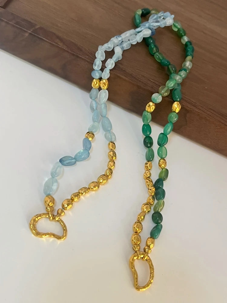 Natural Blue Green Jade Half Beads Choker Necklace Women Jewelry Punk Designer Runway Rare Gown Boho Japan Korean