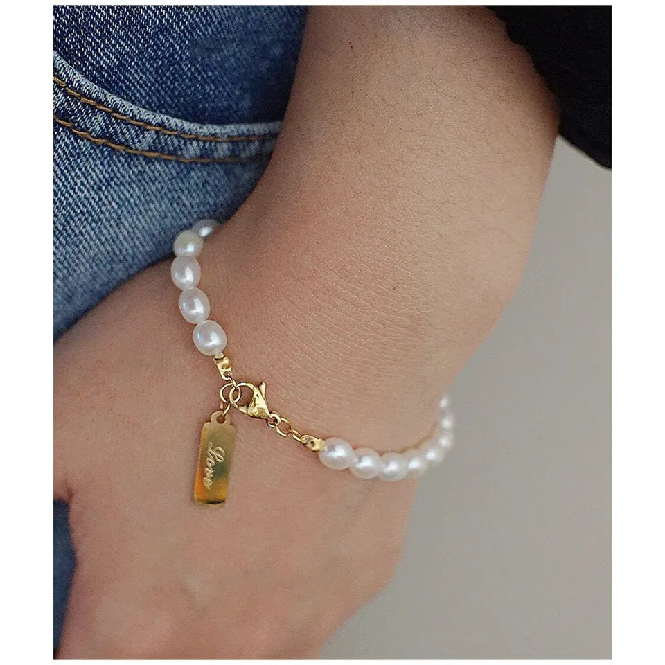 Titanium With 18K Love Real Natural Pearl Bracelets Women Jewelry Chic Gown Sweet Boho Trendy Japan Korean