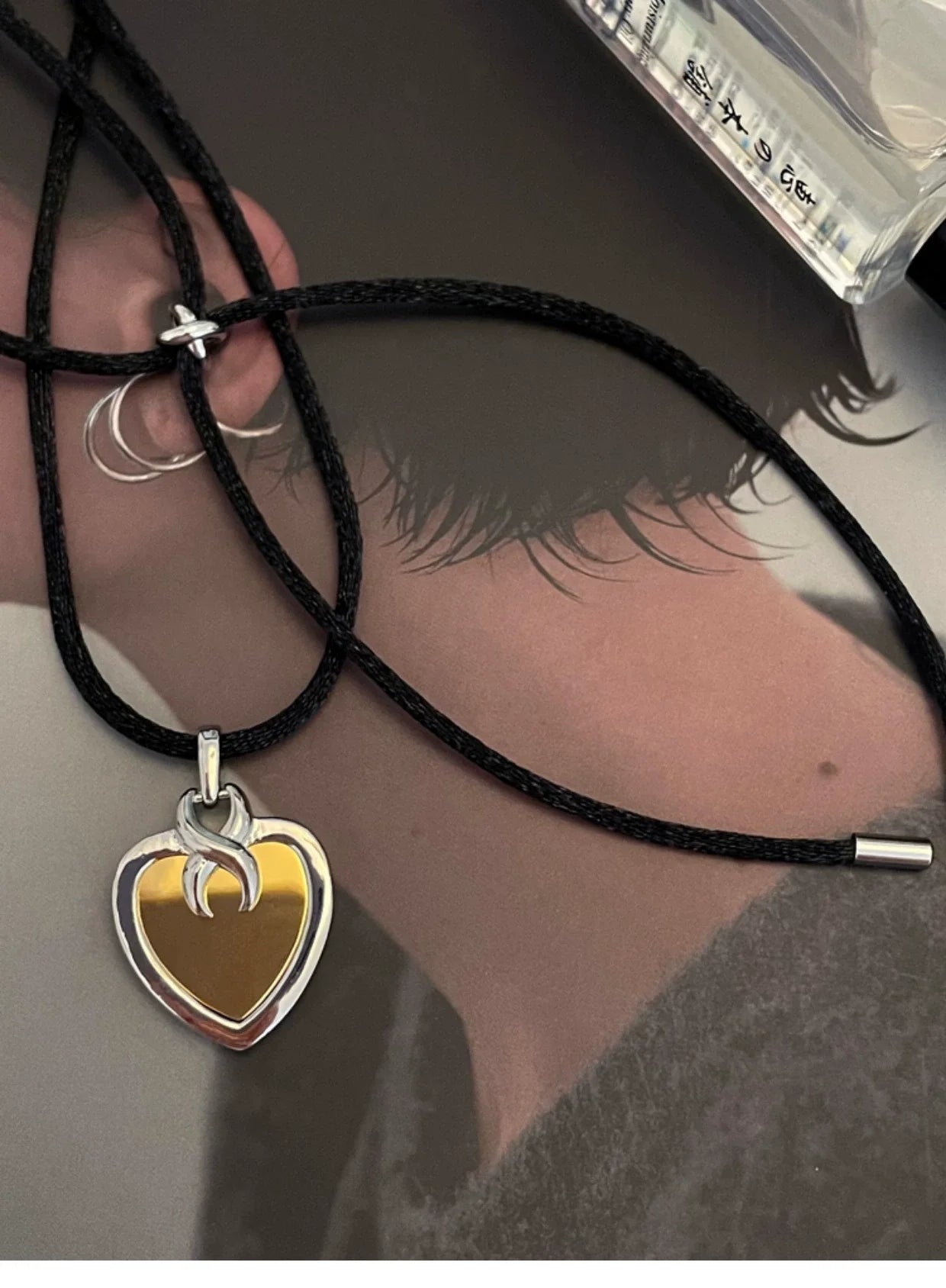 Brass  2 Tone Rope Chain Heart Pendant Necklace Women Jewelry Punk Designer Runway Rare Gown Boho Japan Korean