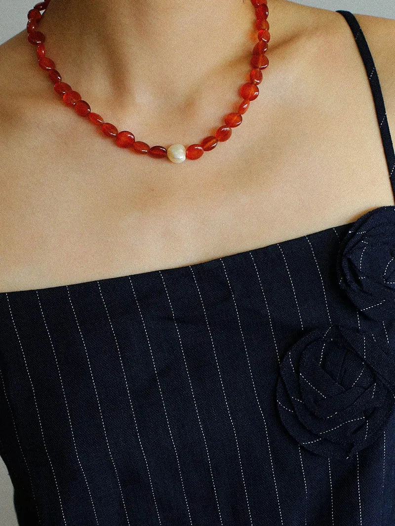 Brass  Natural Red Jade Freshwater Pearl Beads Necklace Women Jewelry Punk Designer Runway Rare Gown Boho Japan Korean