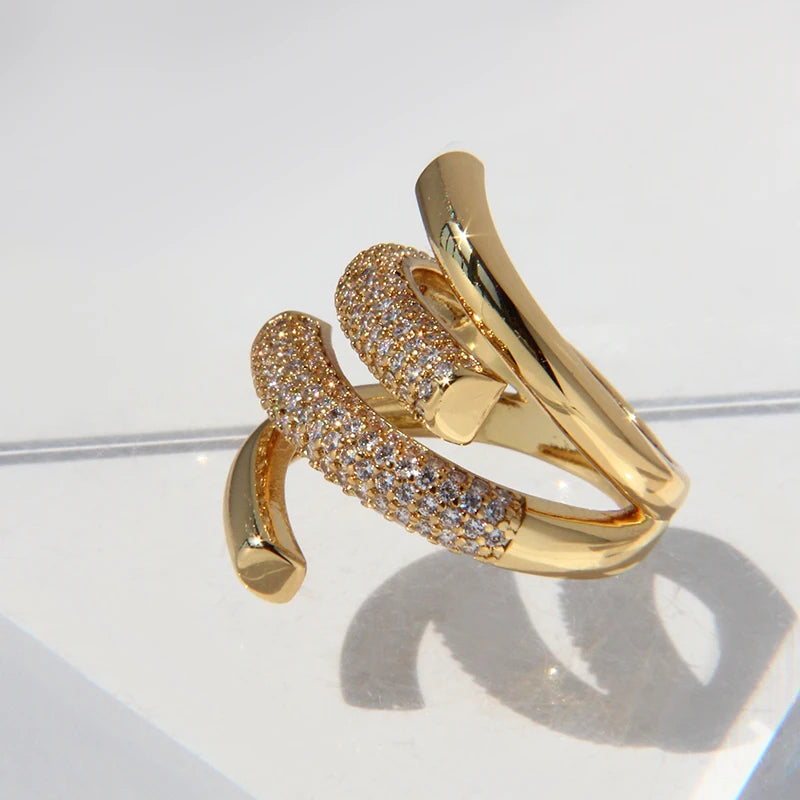 Brass Stunning  AAA Zircon WAVE  Ring Women Jewelry Designer T Show Club Cocktail Party Rare Hiphop Japan Korean