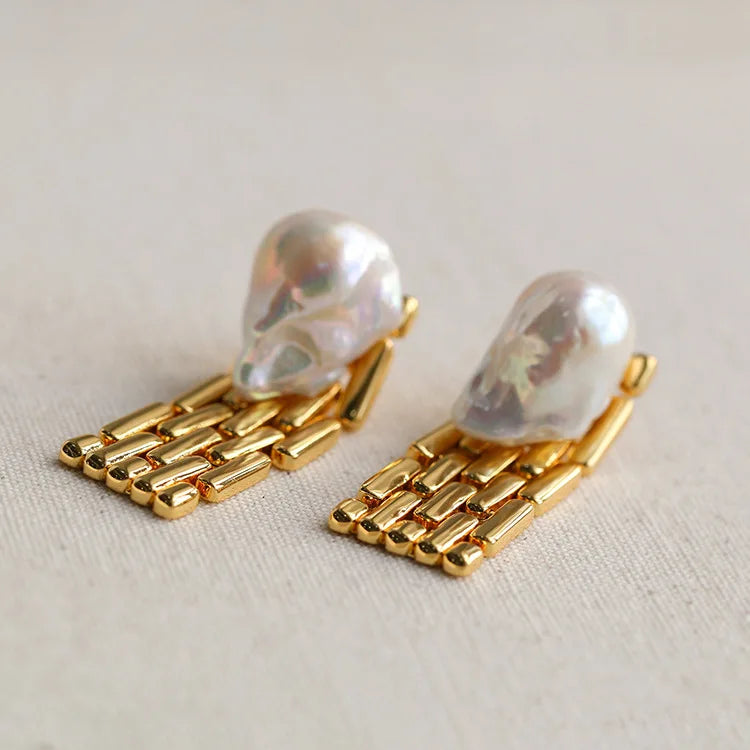 Brass Retro Real Baroque Pearl Watch Band Earrings Women Jewelry Punk Party T Show  Gown Runway  Korean Japan  Style