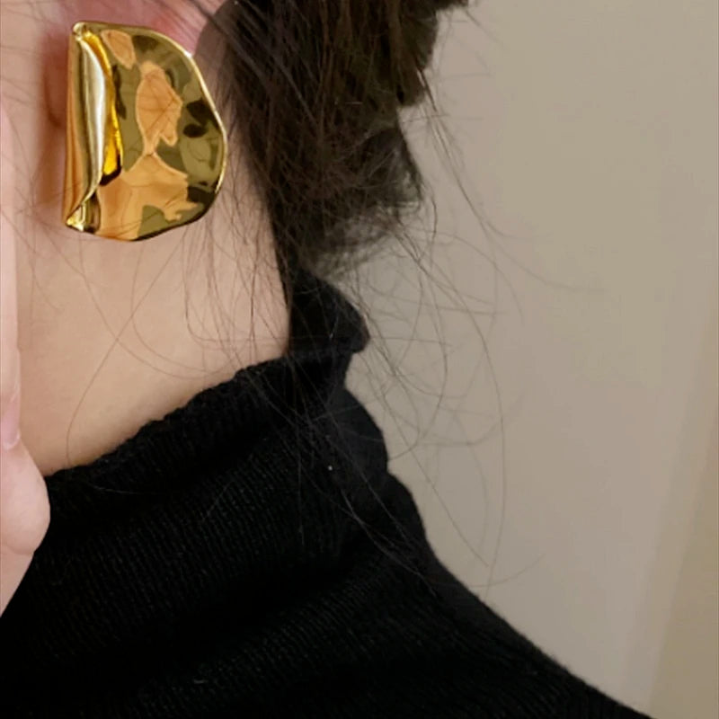Brass With 18k Gold Fold Statement Stud  Earrings Women Jewelry Party Boho T Show Gown Runway  Party Rare Korean Japan Trendy