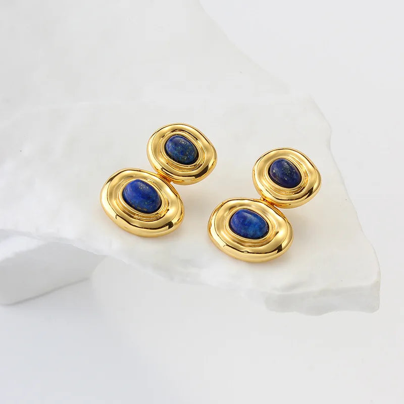 Brass With 18K Natural Stone Lazuri Drop Earrings Punk Party Gown Runway rare Boucle d'oreille Korean Japan Style Fashion
