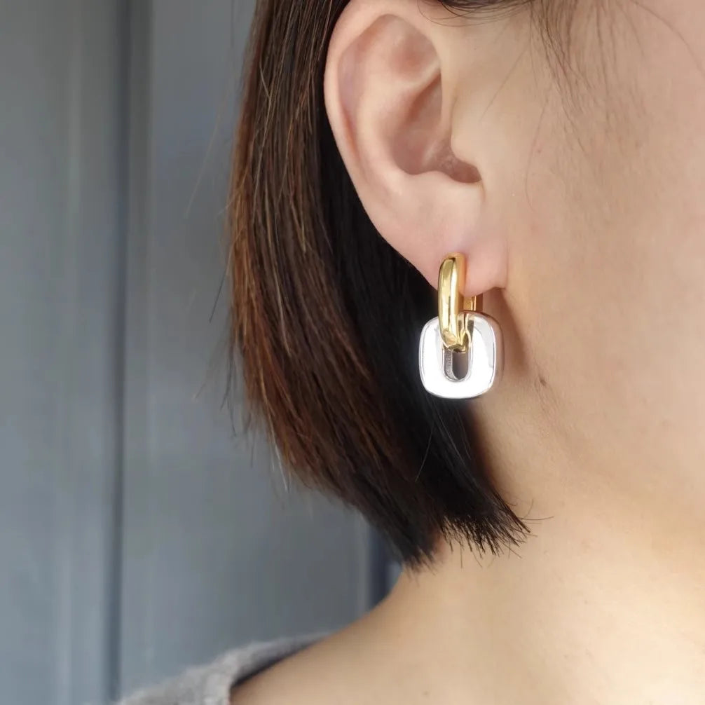 Brass With 18K Gold 2 Tone Linked Earrings Women Jewelry Punk Party Gown  Runway Korean Japan INS Boho Top