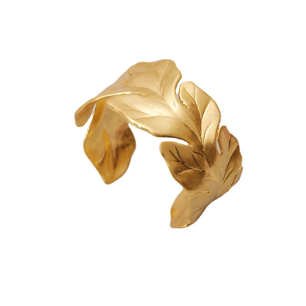 Brass With 18K Gold Statement Wide Leaves  Bangle Women Jewelry Designer T Show Runway Gown Rare INS Japan Korean Trendy