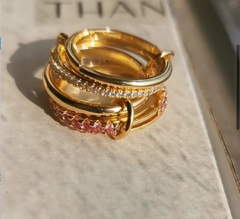 AAA Zircon Multi Color Link Chain Rings Women Jewlery Designer T Show Club Cocktail Party Rare Japan Korean INS