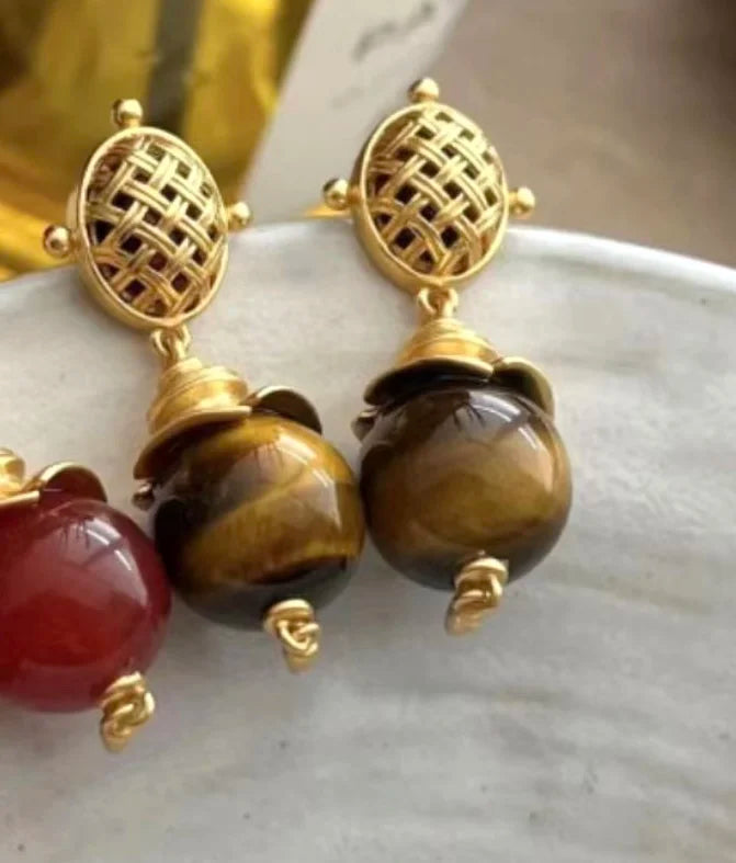 Brass With 18K Gold Retro Natural Stone Drop Earrings Women Jewelry Punk Party T Show Gown Runway Korean Japan INS