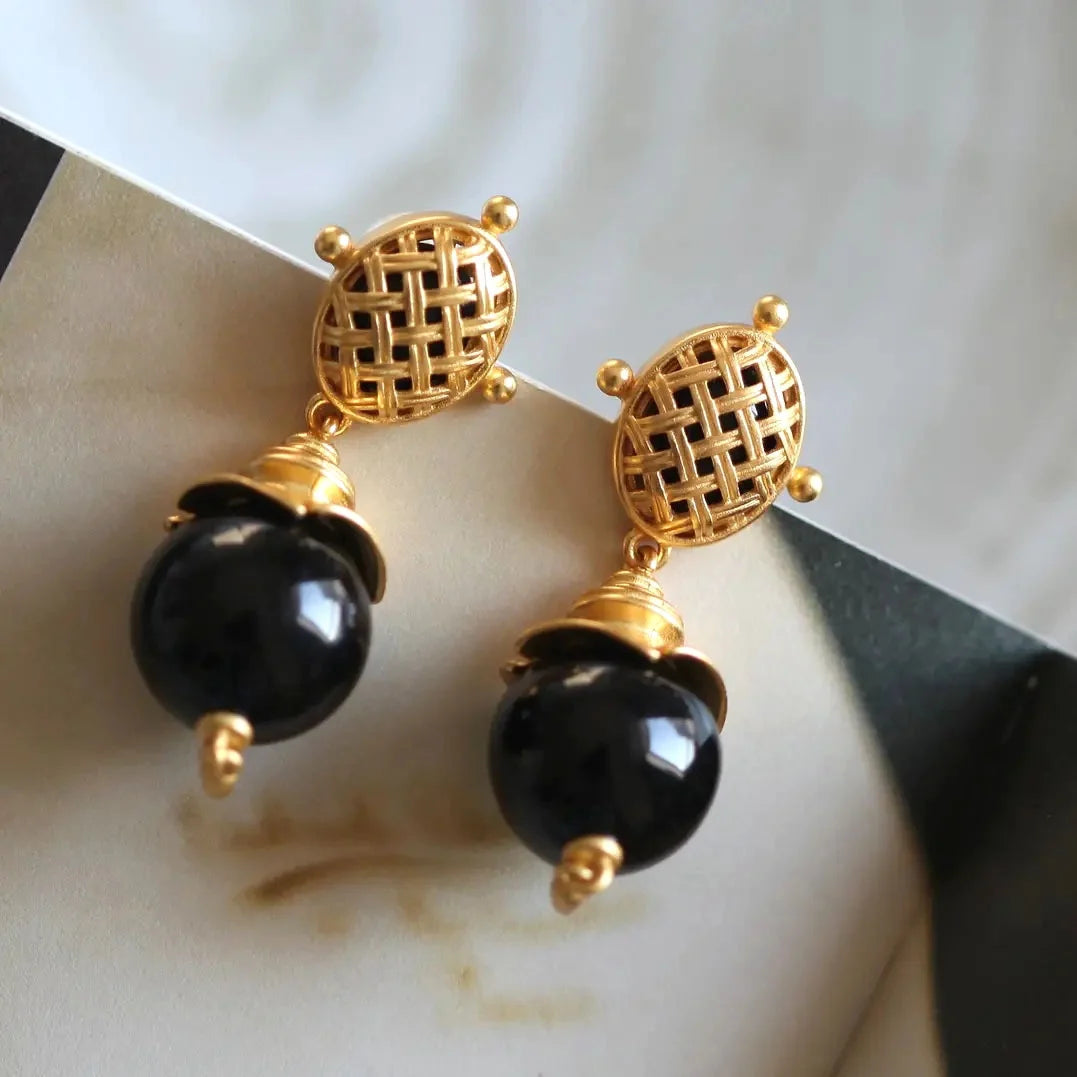 Brass With 18K Gold Retro Natural Stone Drop Earrings Women Jewelry Punk Party T Show Gown Runway Korean Japan INS