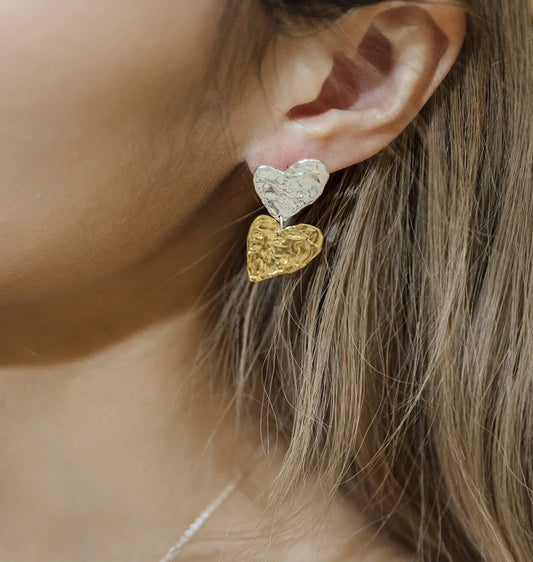 Brass With 18K Gold 2 Tone Heart Earrings Women Jewelry Punk Party T Show Gown Runway Korean Japan INS
