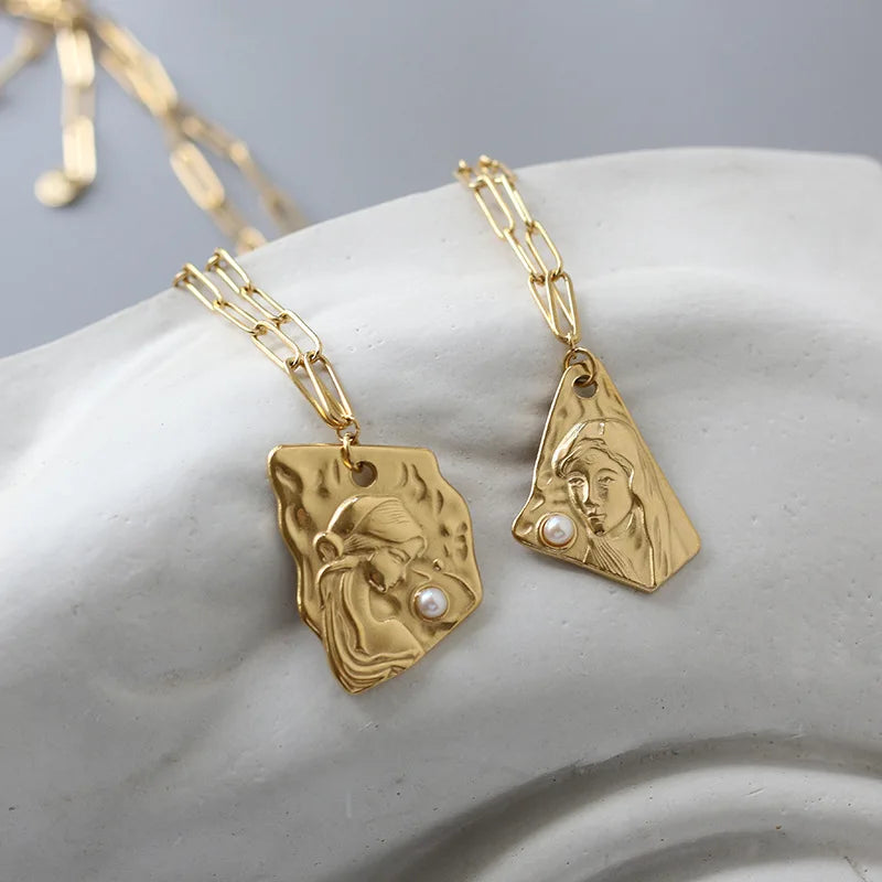 Titanium With 18K Gold  Vintage Pearl Charm Necklace Women Stainless Steel Jewelry Designer T Show Party Runway Boho Japan Korea
