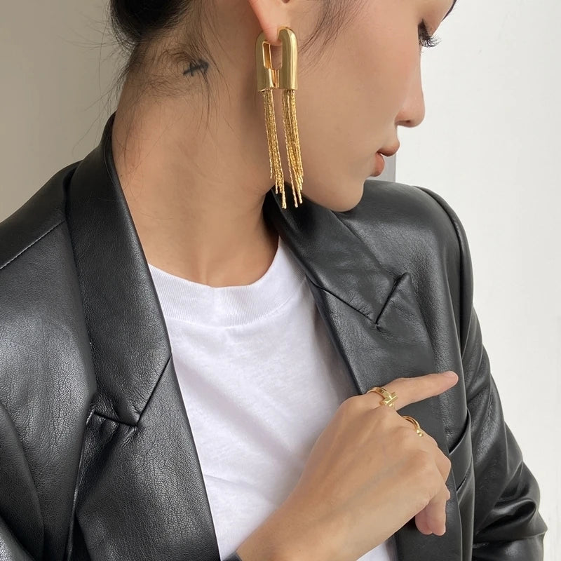 Brass With 18K Gold Long Tassel  Statement Drop Earrings Women Jewelry Party T Show Gown Punk Gothic Top Runway Korean Japan