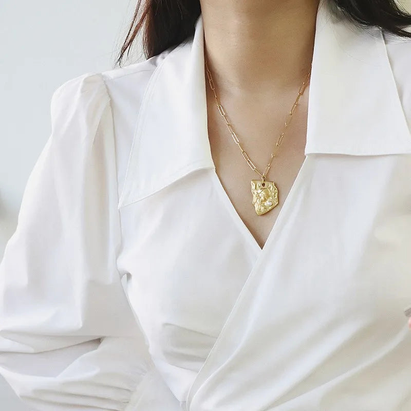 Titanium With 18K Gold  Vintage Pearl Charm Necklace Women Stainless Steel Jewelry Designer T Show Party Runway Boho Japan Korea