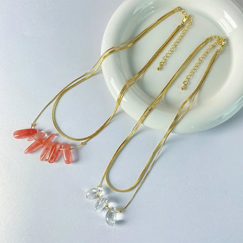Brass With 18K Layered Snake Chian Crystal Clear Beads Necklace Women  Jewelry Designer T Show Runway Gown  Rare Glam Japan Ins