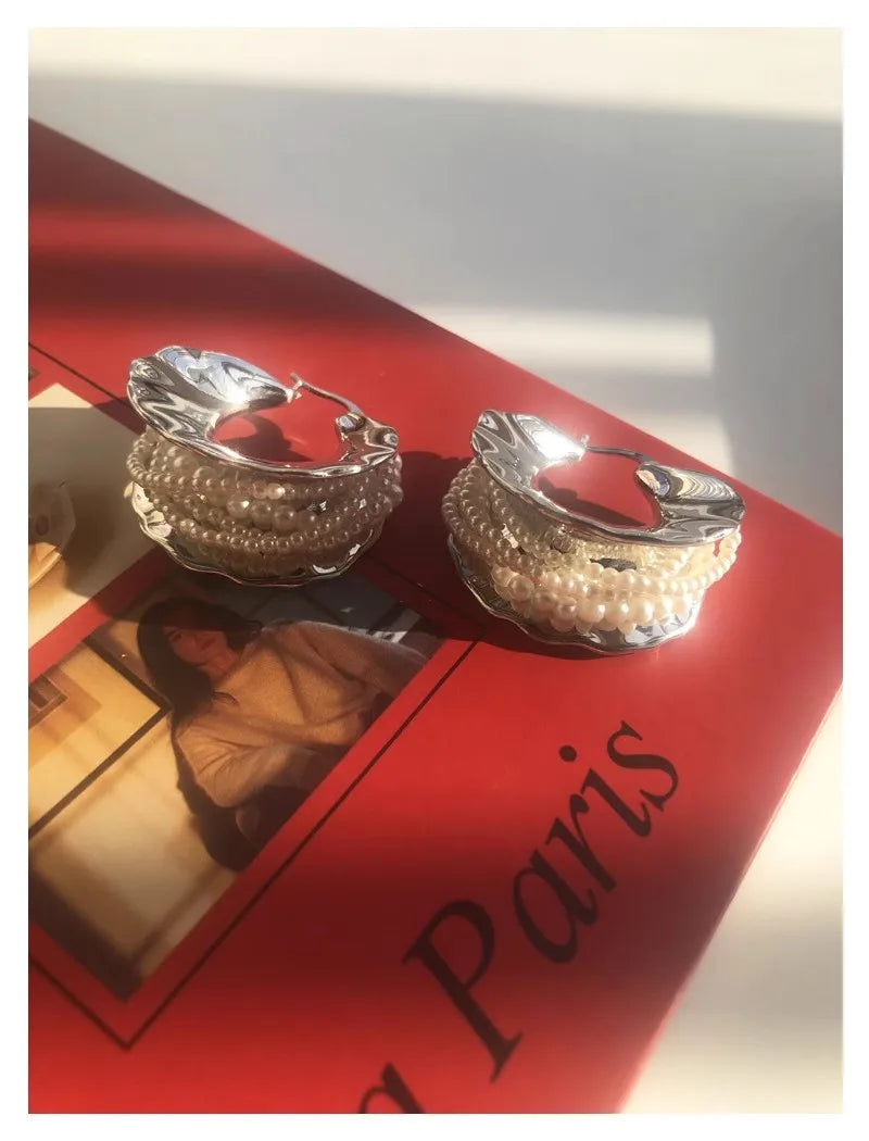 Brass Chunky Silver Color Faux Pearl CC Hoop Earrings Women Jewelry Punk Party T Show Gown Runway Korean Japan INS