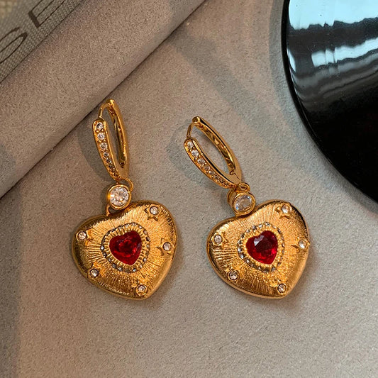 Brass With 18K Gold Rhinestoned Red Heart Earrings Women Jewelry Punk Designer Runway Rare Gown Boho Japan Korean