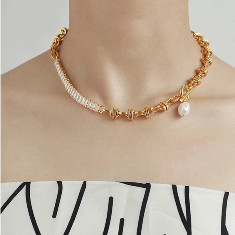 Brass With 18K Gold AAA Zircon Real Pearl Choker Necklace Women Jewelry Party Designer T Show Runway