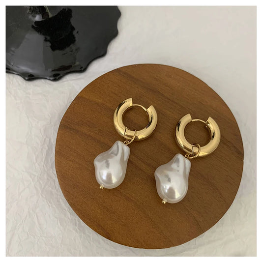 Titanium With 18 K Gold Geo Faux Baroque Pearl Drop Earrings Punk Party Gown  Runway rare Boucle  Korean Japan INS Boho Top