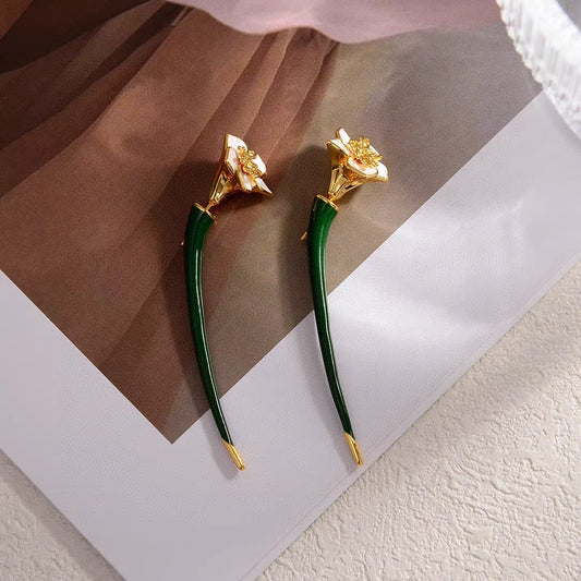 Brass Green White Enamel Flower Earrings Women Jewelry Punk Designer Club Cocktail  Party Boho Japan Korean