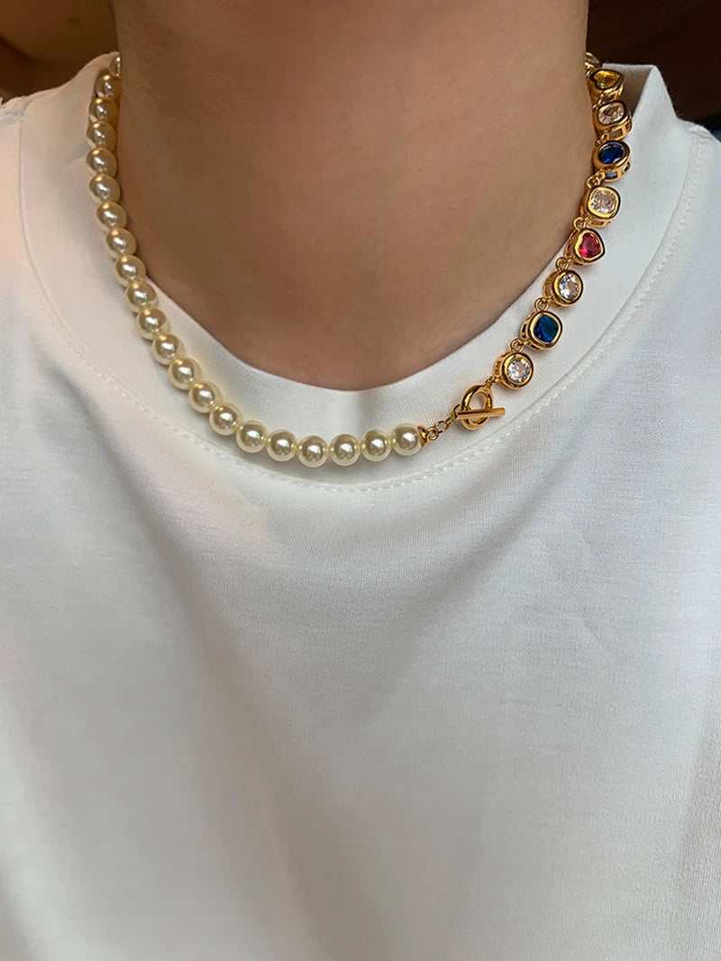 Brass With 18K Gold Half Color Beads Half Faux Pearl Necklace Women Jewelry Punk Designer Runway Rare Gown Boho Japan Korean