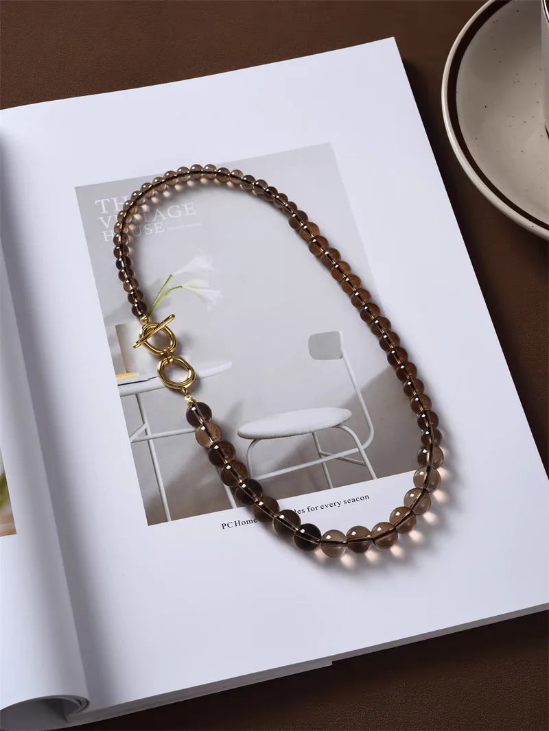 Brass With 18K Natural Crystal Beads Necklace Women  Jewelry Designer T Show Runway Gown  Rare Glam Japan Ins