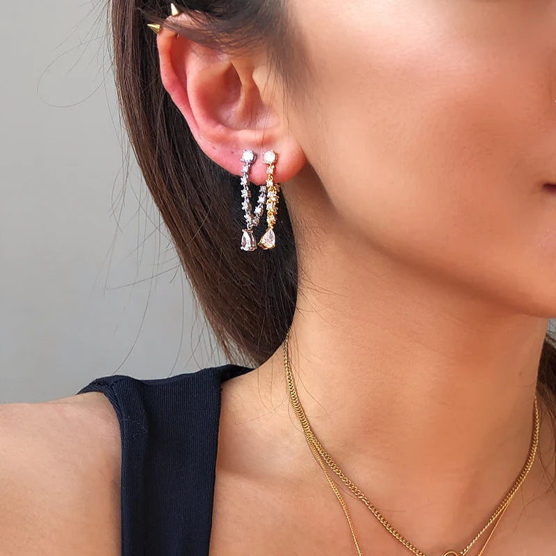 Brass With 18k Gold Zirconia Tassel Chained Drop Earrings Women Jewelry  Party T Show Gown Runway rare Korean Japan Trendy INS