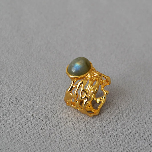 Brass With 18K Natural Stone Stackable Ring Women Jewelry Punk Style Designer Club Cocktail Party Gown Trendy Boho Korean Japan